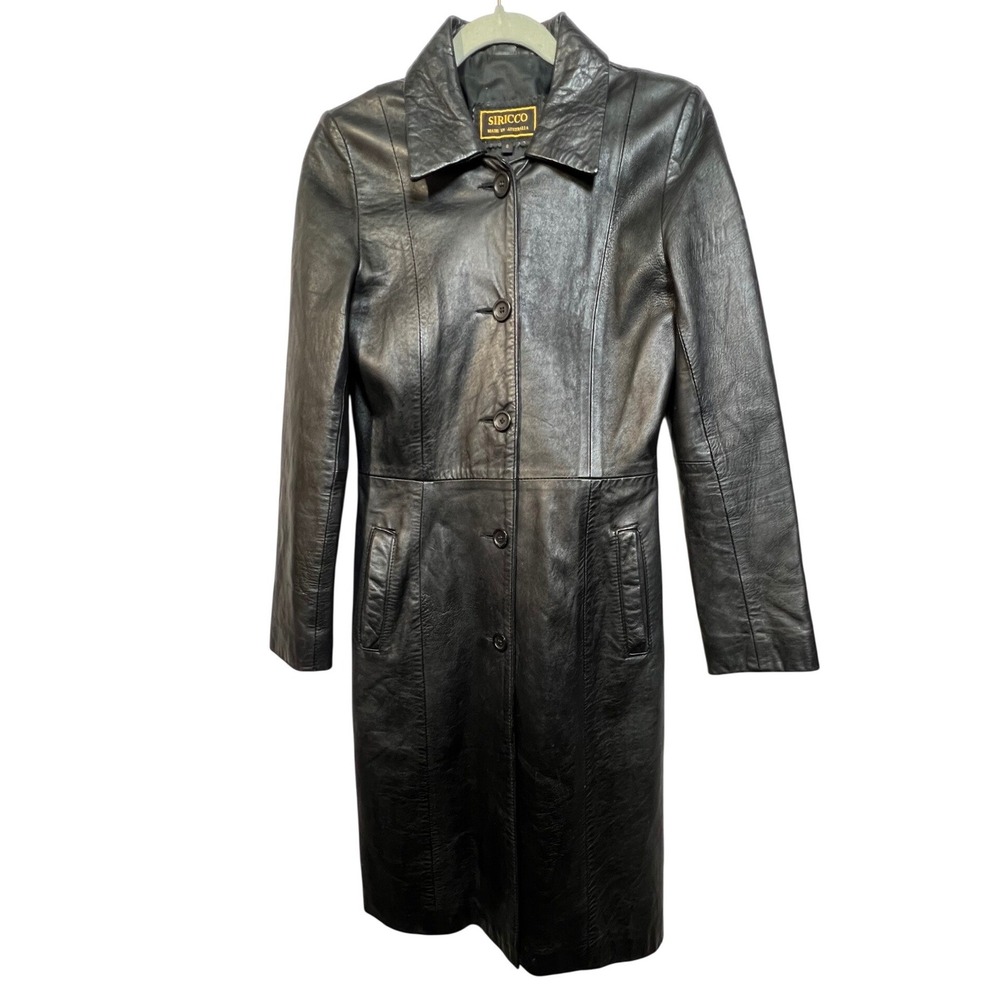 Siricco‎ Black Leather Trench Coat Made in Australia Womens Small Long Jacket